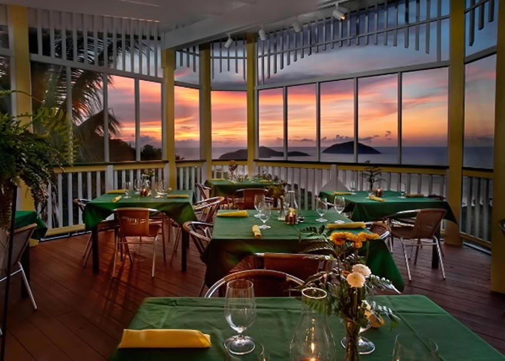 North Side Bistro's veranda dining room at sunset, looking out over the islands off St. Thomas